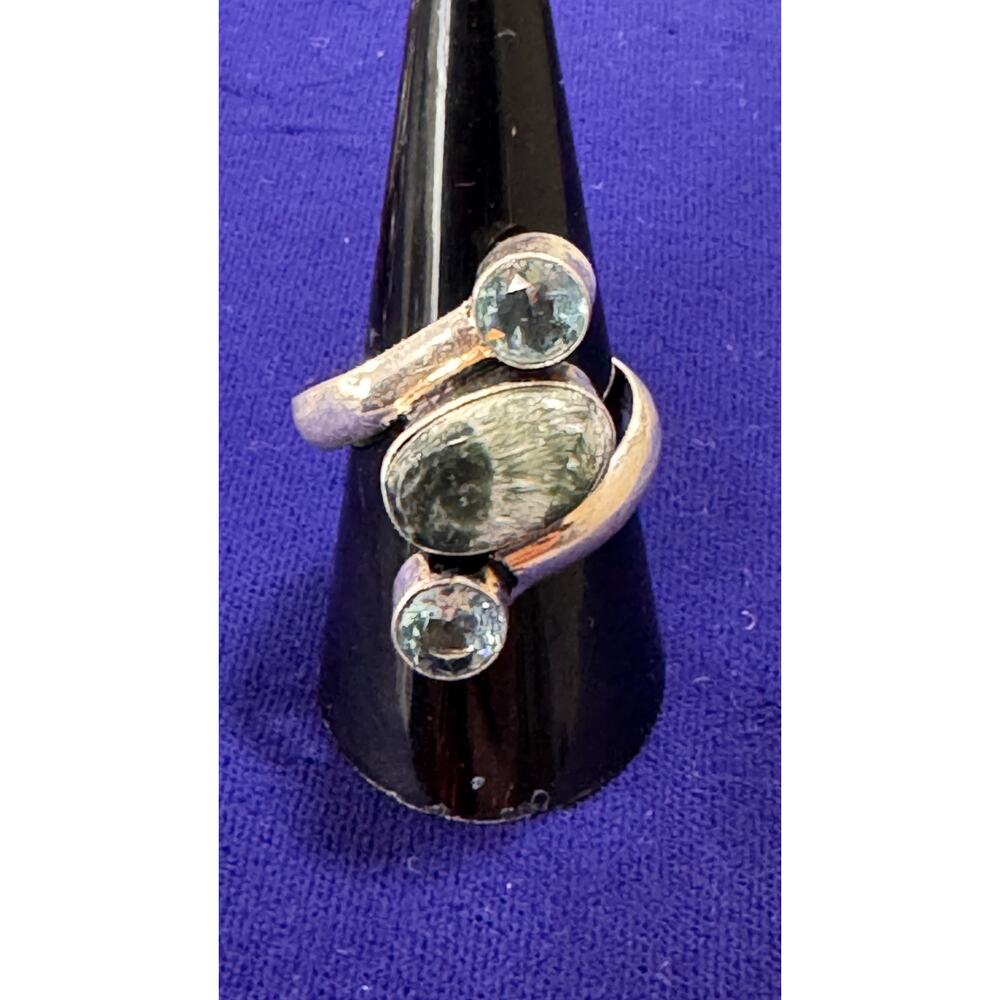 Handmade serephinite and blue topaz sterling silver 925 ring size 8.5